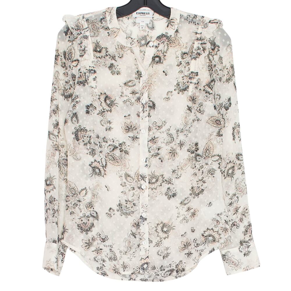 Express Portofino Slim Button Up Top Sheer Swiss Dot Floral Ruffle XS Work Chic